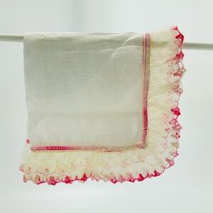 White Irish Linen Handkerchief with Pink Crochet Lace & Needle Lace